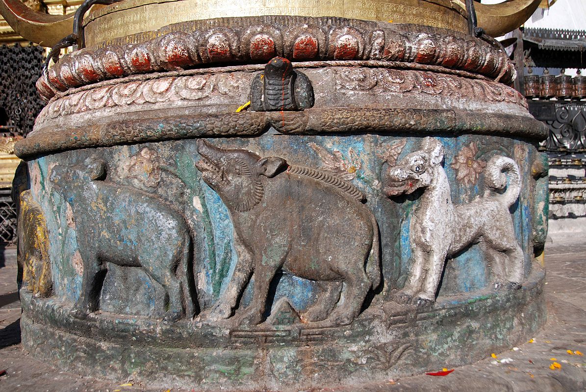 Kathmandu Swayambhunath 16 Drum With Tibetan Calendar Animals Dog, Pig, Mouse At Entrance To Swayambhunath Stupa 